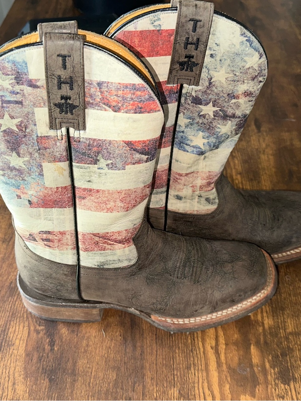 Tin Haul Brown Leather Cowboy Boots with Red, White & Blue Flag Shaft